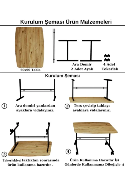 60x90 Tekerlekli Sehpa Orta Sehpa Yemek Masası Tekerlekli Masa Çalışma Masası - Görsel 9