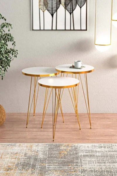 Beyaz Gold Metal Ayaklı Gold Detaylı Zigon Sehpa