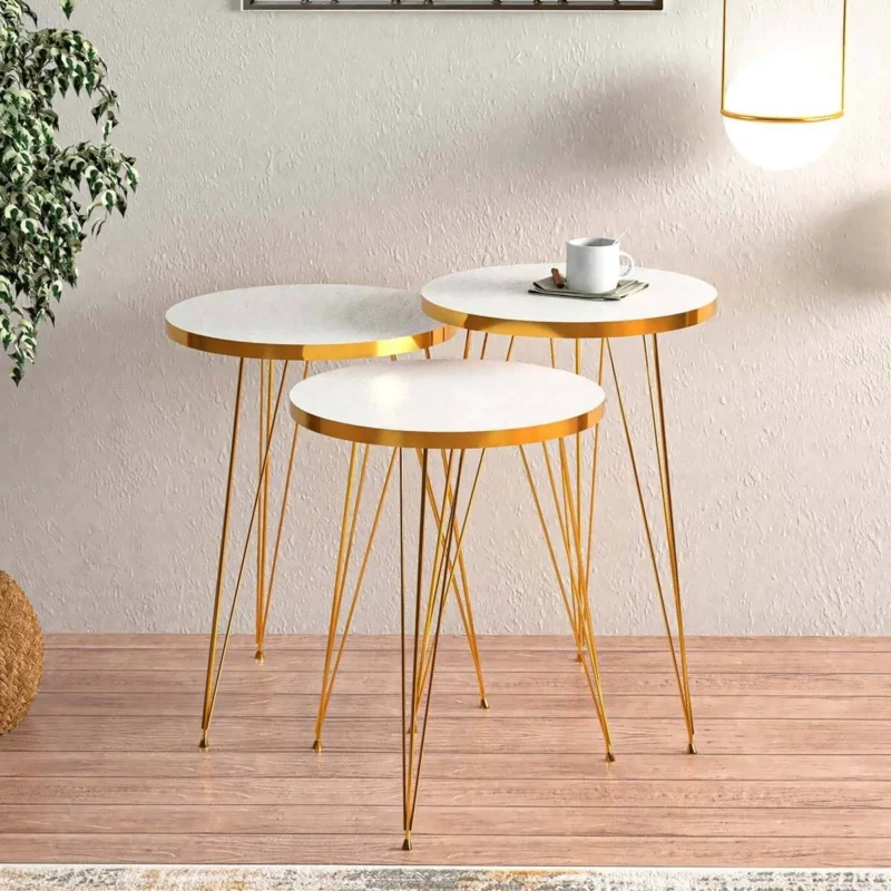 Beyaz Gold Metal Ayaklı Gold Detaylı Zigon Sehpa