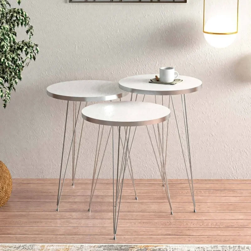 Beyaz Gümüş Metal Ayaklı Gümüş Detaylı Zigon Sehpa