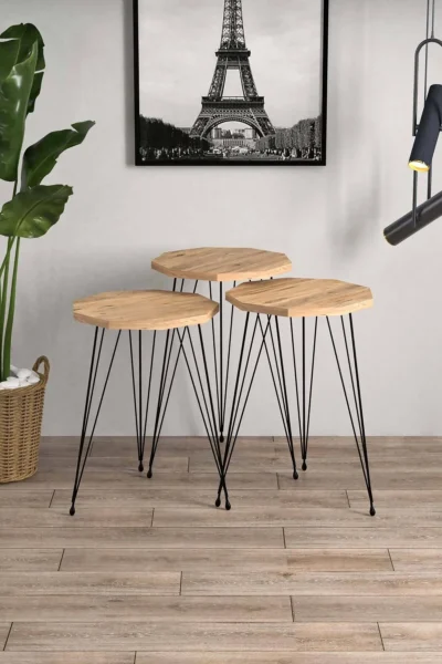 Çokgen Çam Siyah Metal Ayaklı Çam Detaylı 3lü Çokgen Zigon Sehpa
