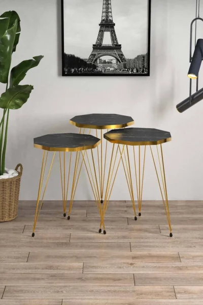 Çokgen Siyah Mermer Desenli Gold Metal Ayaklı Gold Detaylı 3lü Çokgen Zigon Sehpa