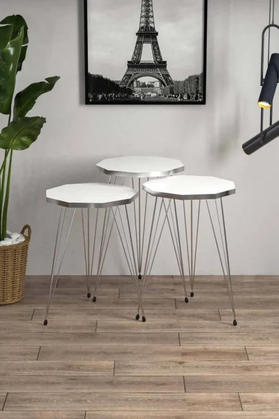 Çokgen Beyaz Gümüş Metal Ayaklı Gümüş Detaylı 3lü Çokgen Zigon Sehpa