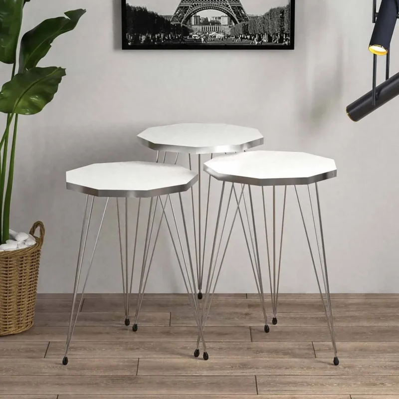 Çokgen Beyaz Gümüş Metal Ayaklı Gümüş Detaylı 3lü Çokgen Zigon Sehpa