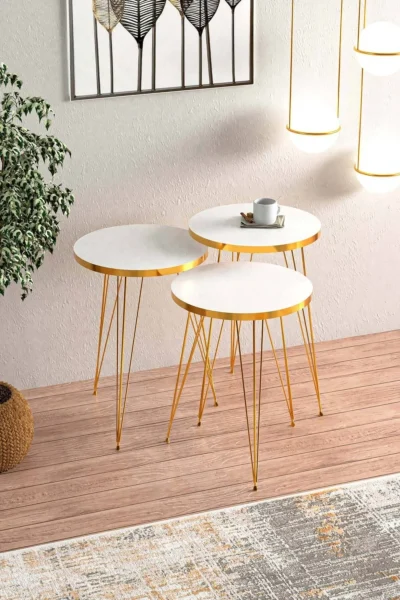 Beyaz Gold Metal Ayaklı Gold Detaylı Zigon Sehpa - Görsel 2