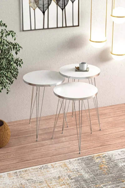 Beyaz Gümüş Metal Ayaklı Gümüş Detaylı Zigon Sehpa - Görsel 2