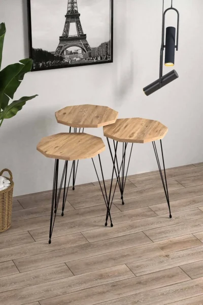 Çokgen Çam Siyah Metal Ayaklı Çam Detaylı 3lü Çokgen Zigon Sehpa - Görsel 2