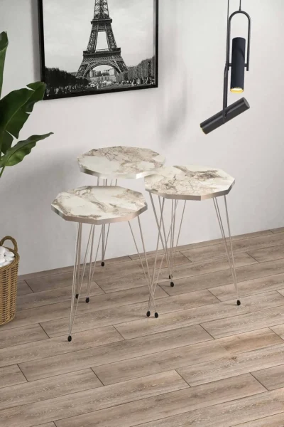 Çokgen Beyaz Mermer Desenli Gümüş Metal Ayaklı Gümüş Detaylı 3lü Çokgen Zigon Sehpa - Görsel 2