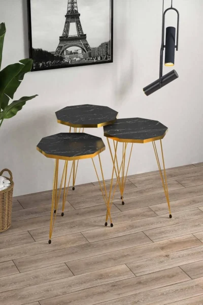 Çokgen Siyah Mermer Desenli Gold Metal Ayaklı Gold Detaylı 3lü Çokgen Zigon Sehpa - Görsel 2