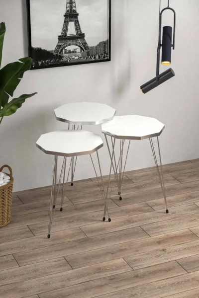 Çokgen Beyaz Gümüş Metal Ayaklı Gümüş Detaylı 3lü Çokgen Zigon Sehpa - Görsel 2