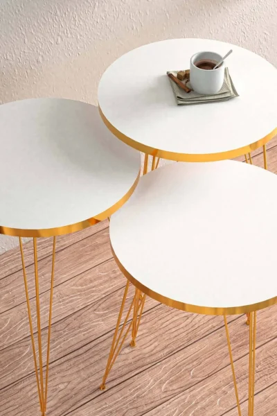 Beyaz Gold Metal Ayaklı Gold Detaylı Zigon Sehpa - Görsel 3