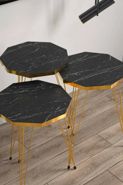 Çokgen Siyah Mermer Desenli Gold Metal Ayaklı Gold Detaylı 3lü Çokgen Zigon Sehpa - Görsel 3